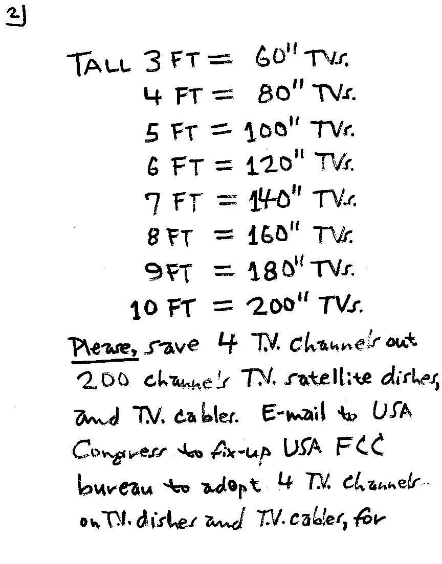 TALL 3FT=60 inch TVs. 4FT=80 inch TVs. 5FT=100 inch TVs. 6FT=120 inch TVs. 7FT=140 inch TVs. 8FT=160 inch TVs. 9FT=180 inch TVs. 10FT=200 inch TVs.  Please, save 4 T.V. channels out 200 channels T.V. satellite dishes, and T.V. cables. E-mail to USA Congress to fix-up USA FCC bureau to adopt 4 T.V. channels on T.V. dishes and T.V. cables, for